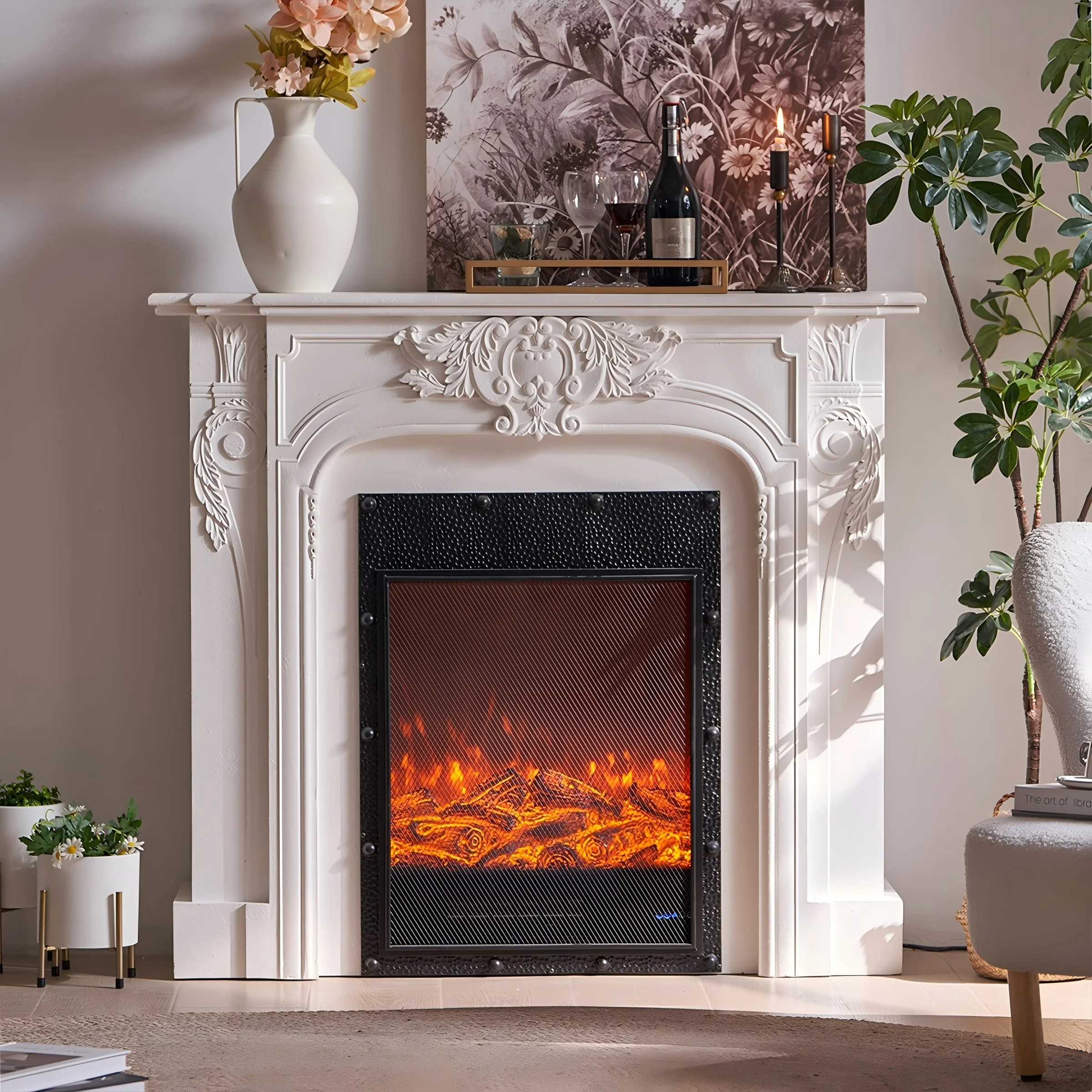 47.24"Vintage Carved Decorative Fireplace Cabinet with Realistic Simulated Flame & Heating Function | Wayfair North America