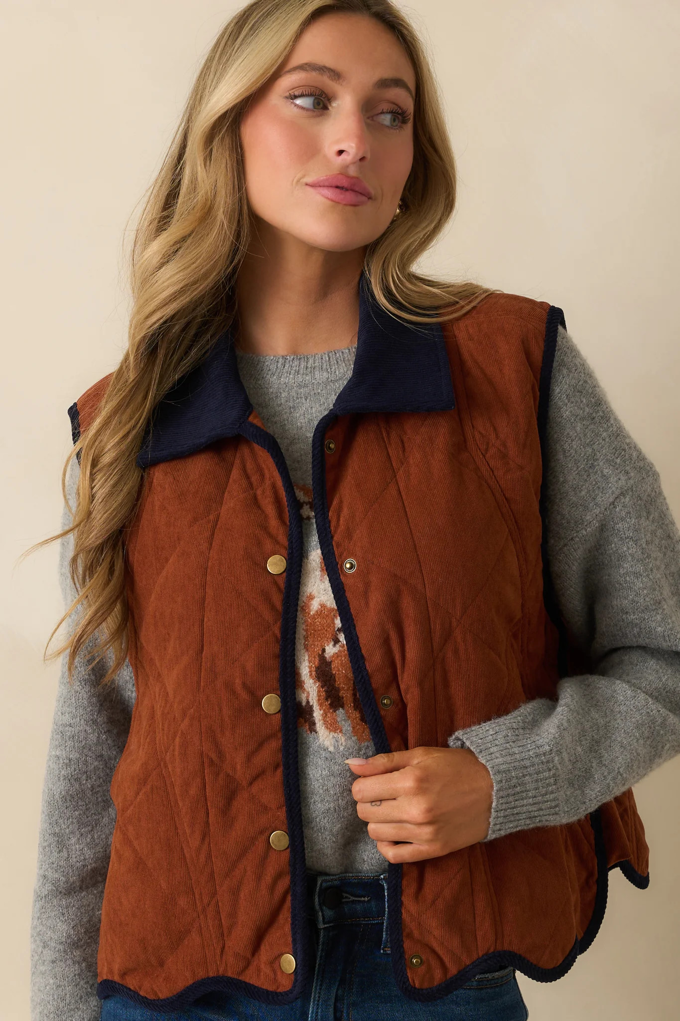 Across The Orchard Ginger Brown Corduroy Button Up Vest | Red Dress