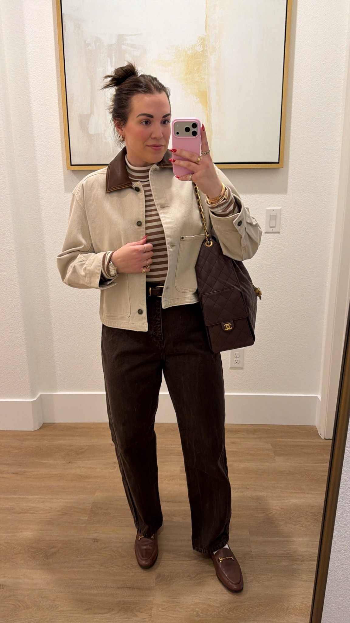 curvy midsize brown winter outfit! wearing size large in striped mock neck, size large in cropped barn jacket, and size 30 on brown denim 

#LTKSeasonal #LTKFindsUnder100 #LTKMidsize