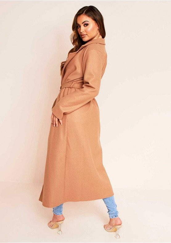 Layla Camel Long Belted Formal Coat | Missy Empire (UK)