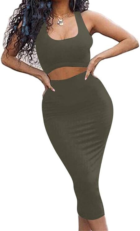 GOBLES Women's Sexy Summer Outfits Bodycon Tank Top Midi Skirt 2 Piece Dress | Amazon (US)