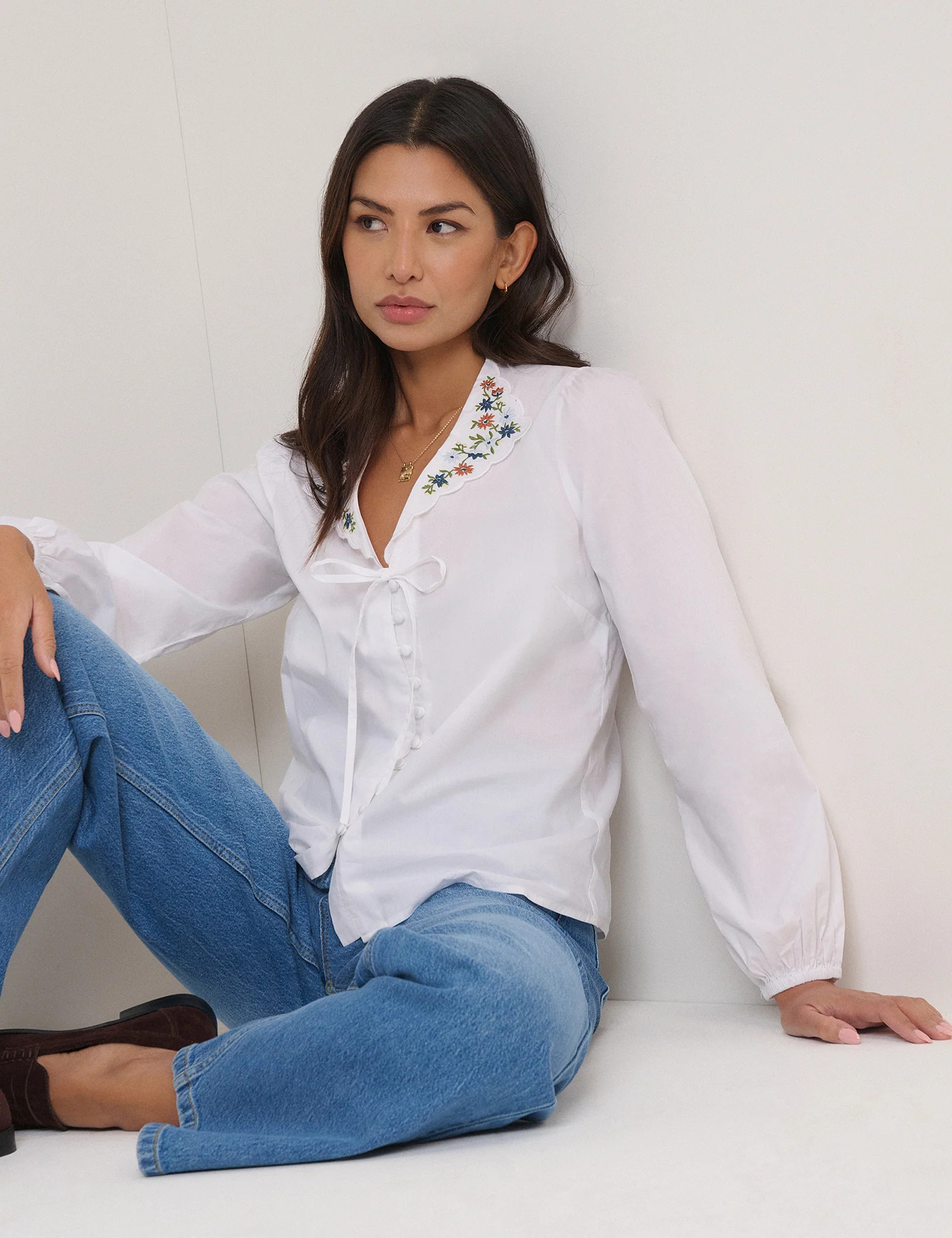 White Floral Embroidered Collar Blouse | Nobody's Child