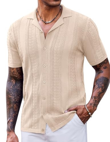 COOFANDY Mens Knit Button Down Shirt Short Sleeve Knitted Shirts Summer Button Up Shirt Light Khaki | Amazon (US)