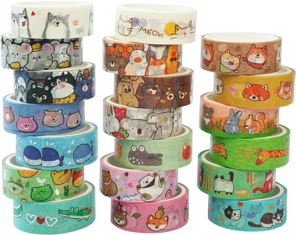 Baijixin 20 Rolls Cute Animals Washi Tape Set, Gold Silver Foil Cartoon Pets Decorative Tape for ... | Amazon (US)