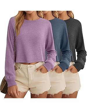 Ficerd 3 Pack Cotton Cropped Long Sleeve Tops for Women Loose Fit Crew Neck Drop Shoulder Crop T ... | Amazon (US)