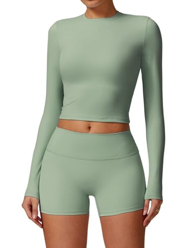 Womens Workout Sets Two Piece Long Sleeve Crop Top Matching Tummy Control High Waist Biker Shorts Set 2 Piece For Women Fall Winter Gym Yoga Active Wear Outfits Athletic Work Out Clothes Green S | Amazon (US)