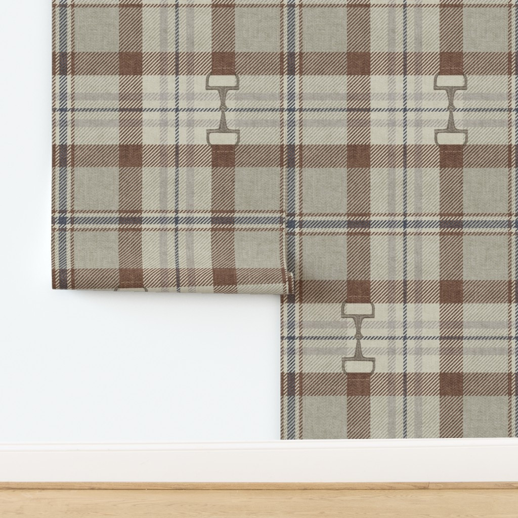 XL Autumn Equestrian Plaid with Horse Bit - Preppy Camel Brown Cream Tartan Wallpaper | Spoonflow... | Spoonflower