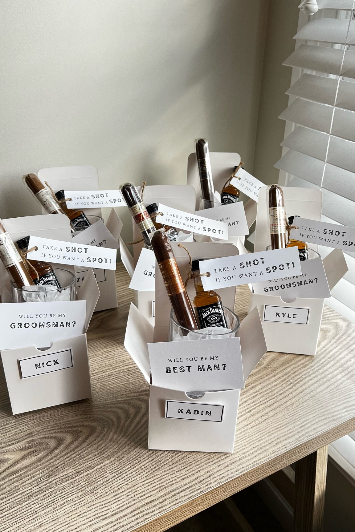 Groomsmen Proposals! 🥃 Cigar, airplane bottle & a whiskey glass. This was allll AJ, I just helped bring his vision to life! 😆

#groomsmenproposals #wedding #diybride #diywedding #groomsmangifts