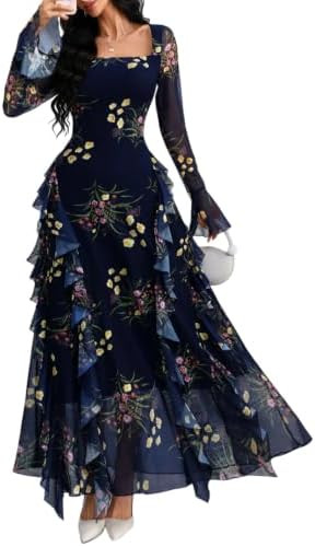 GothDark Women's Floral Dress Long Sleeve Square Neck Ruffle Party Outfit | Stretch Mesh Fabric, ... | Amazon (US)