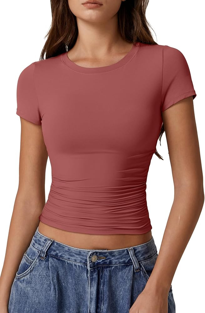 QINSEN Short Sleeve Shirts for Women Round Neck Basic Double Lined Tees Fitted Y2k Crop Tops | Amazon (US)