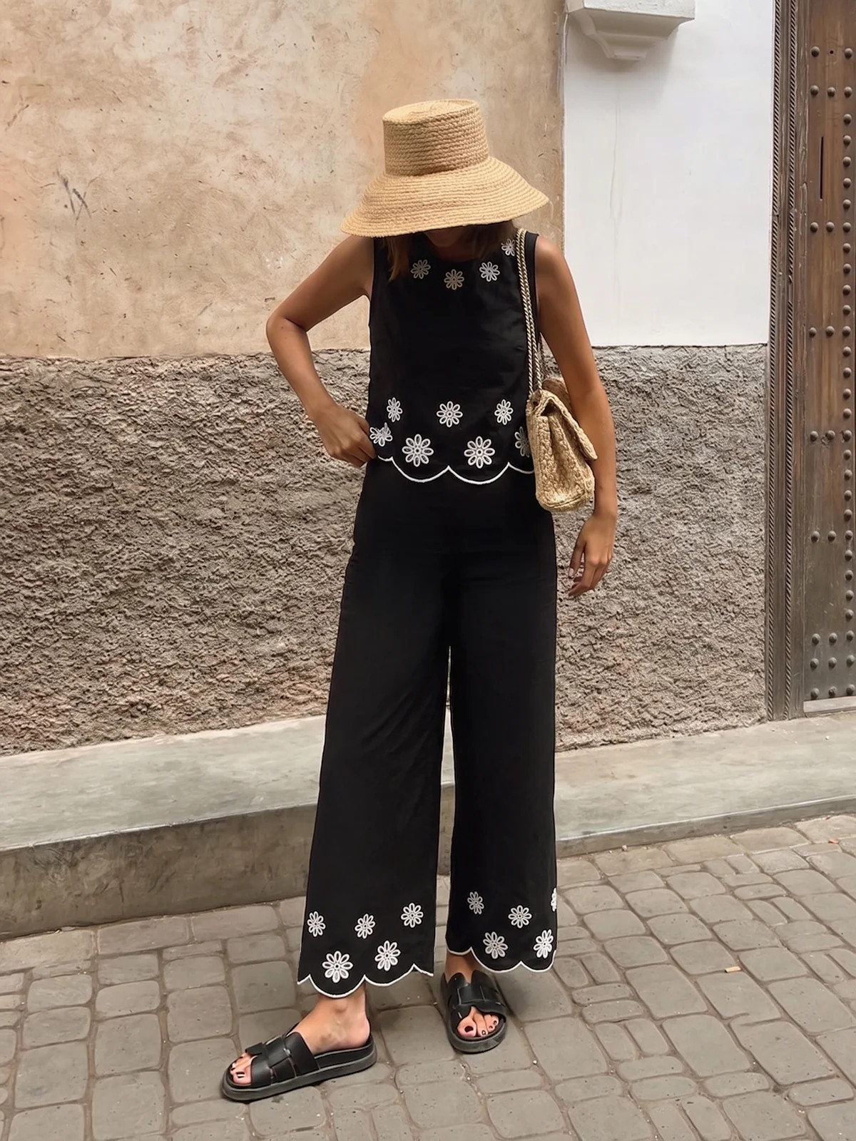Embroidery Flower Sleeveless Top & Pants Set | Commense