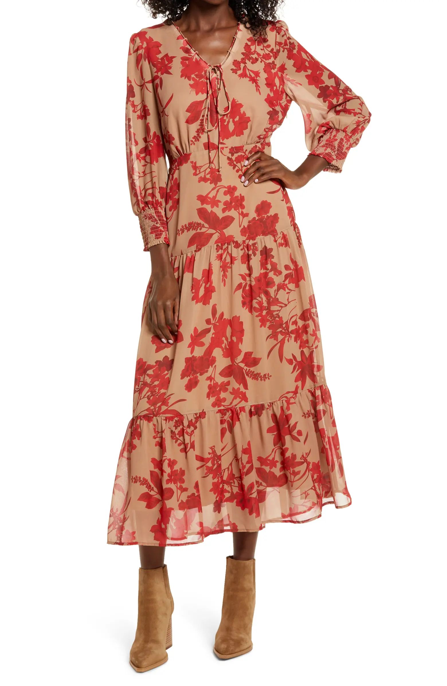 Floral Long Sleeve Tiered Midi Dress | Nordstrom