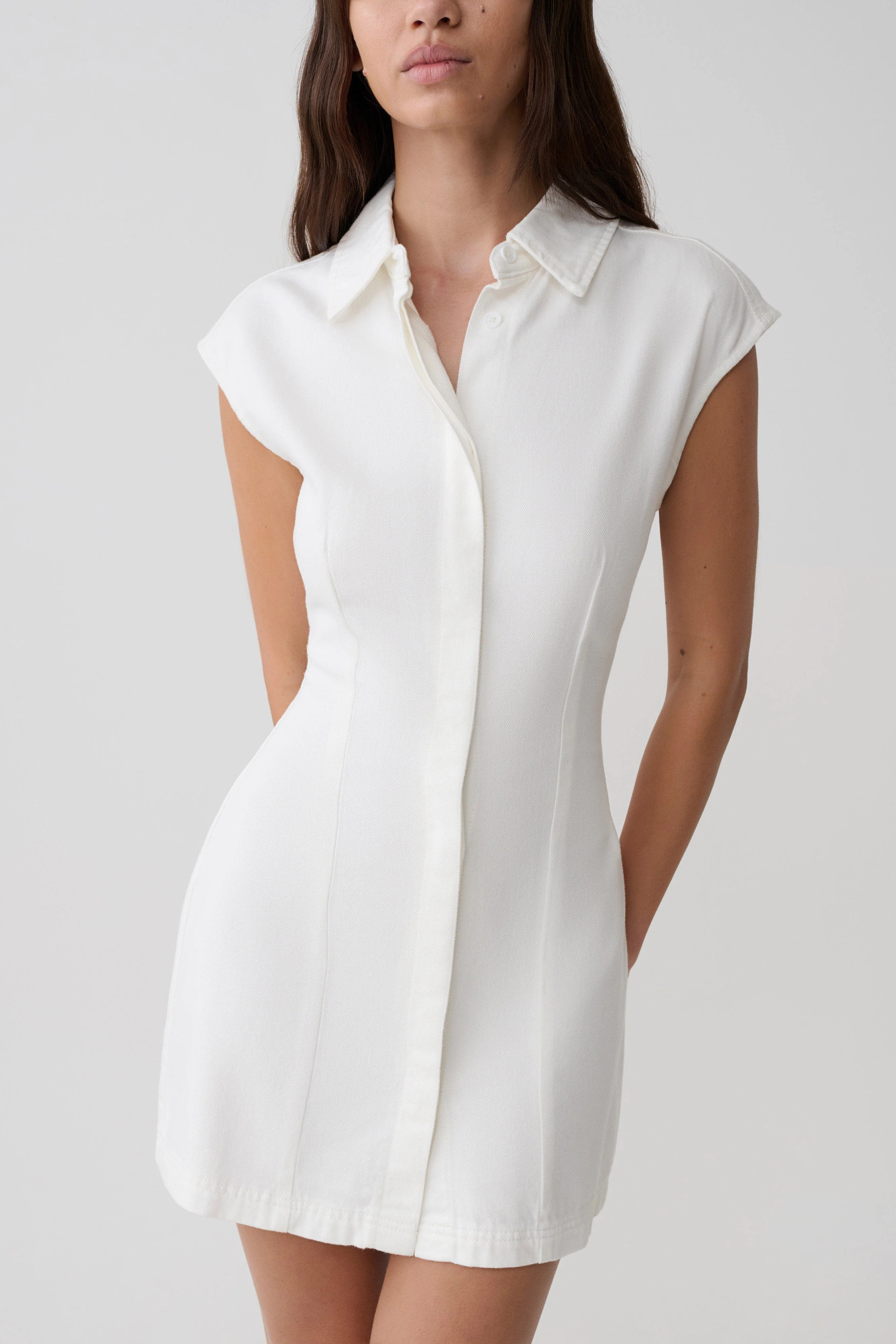 Sheriden Collared Mini Denim Dress - White | MESHKI US