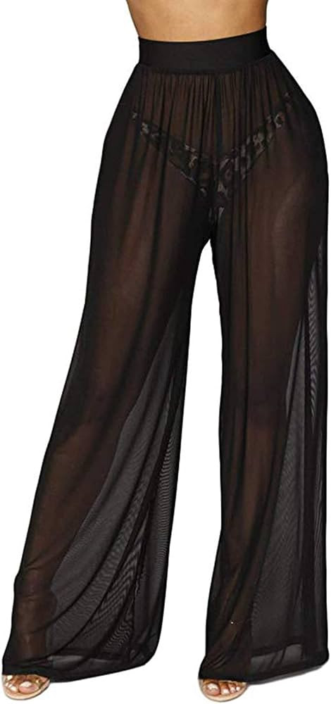 Springcmy Women Ruffle Sheer Mesh Pants See Through Bikini Bottom Swimsuit Cover up Wide Leg Beac... | Amazon (US)