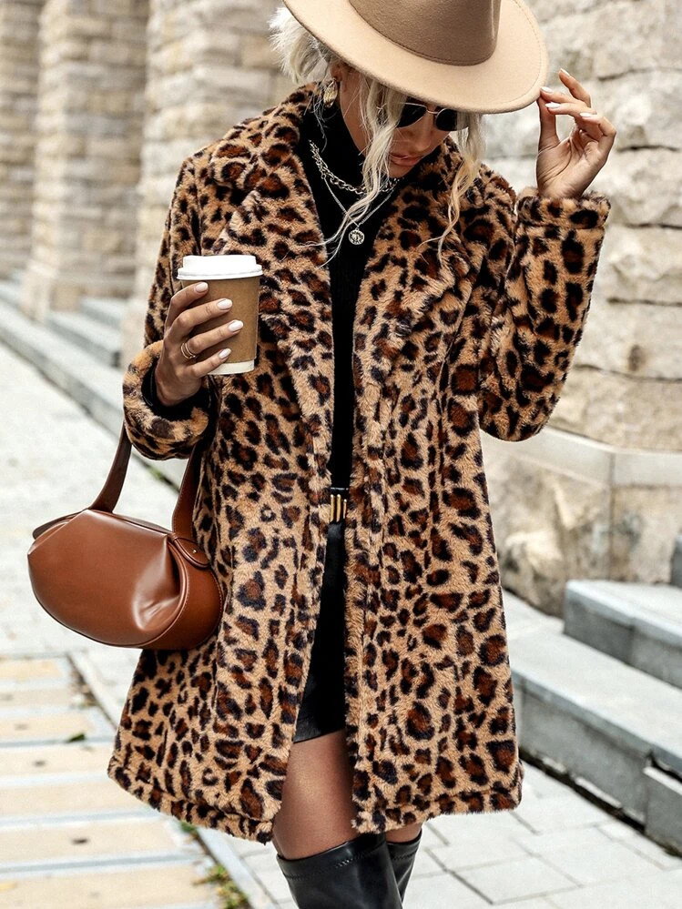 SHEIN Clasi Leopard Print Open Front Fuzzy Coat | SHEIN