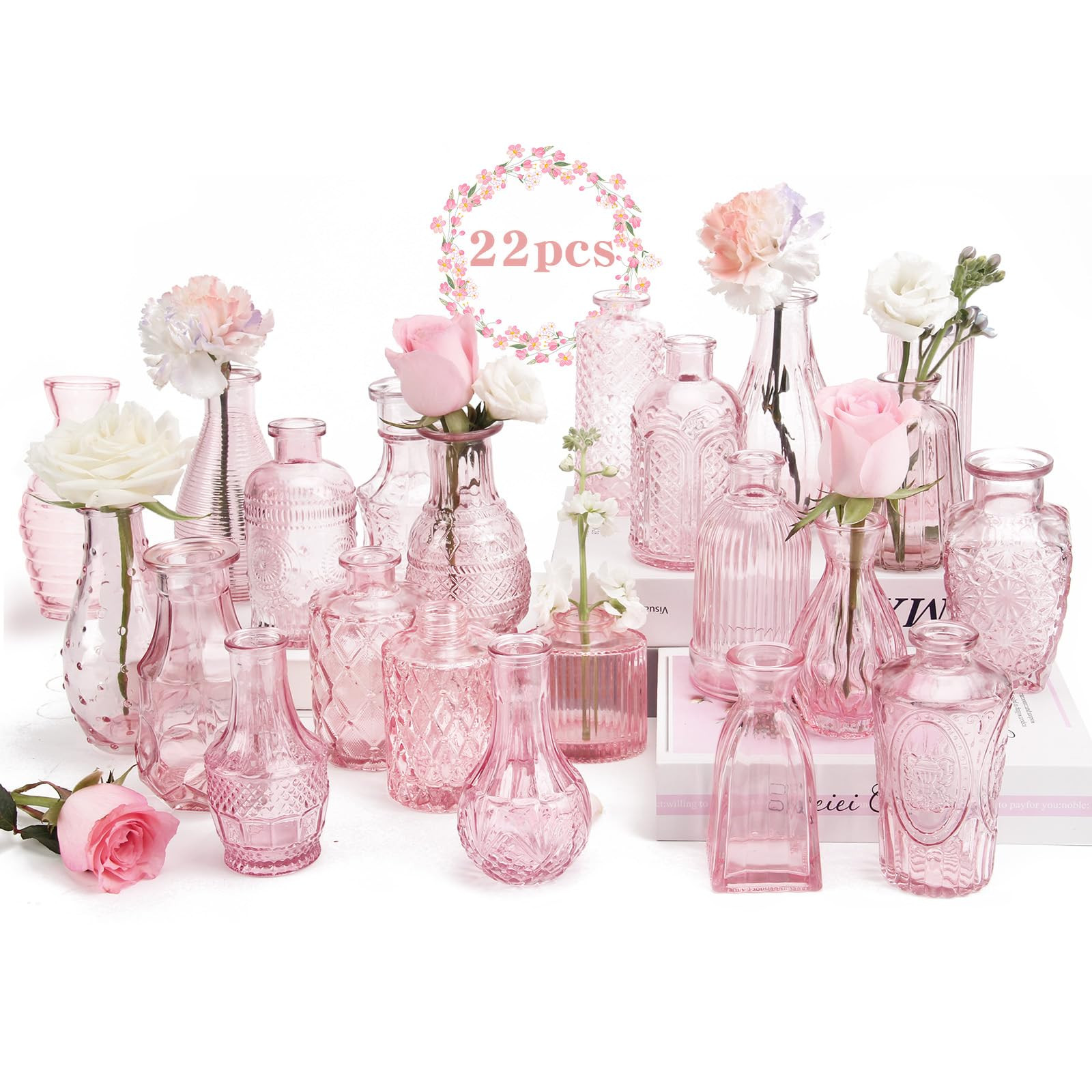 BEAHOT 22 Pack Pink Flower Vase in Bulk,Mini Vintage Glass Bud Vases for Centerpieces,Wedding Decor,Party & Home Decaration,Mother's Day (Pink) | Amazon (US)