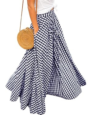 Women's Plaid Gingham Maxi Skirt High Waist A Line Pleated Flared Summer Casual Swing Long Skirt ... | Amazon (US)