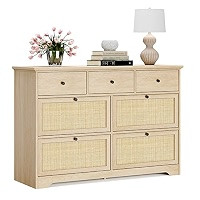 Yechen 59’’ Wide 10 Drawers Rattan Dresser, Mid-Century Natural Dresser Light Wood Chest of D... | Amazon (US)