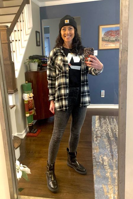 Hockey game OOTD. Nordstrom flannel. NY Islanders tee. Old Navy Rockstar skinny jeans. Target lug sole booties. Carhartt ski hat  

#LTKshoecrush #LTKstyletip #LTKunder50