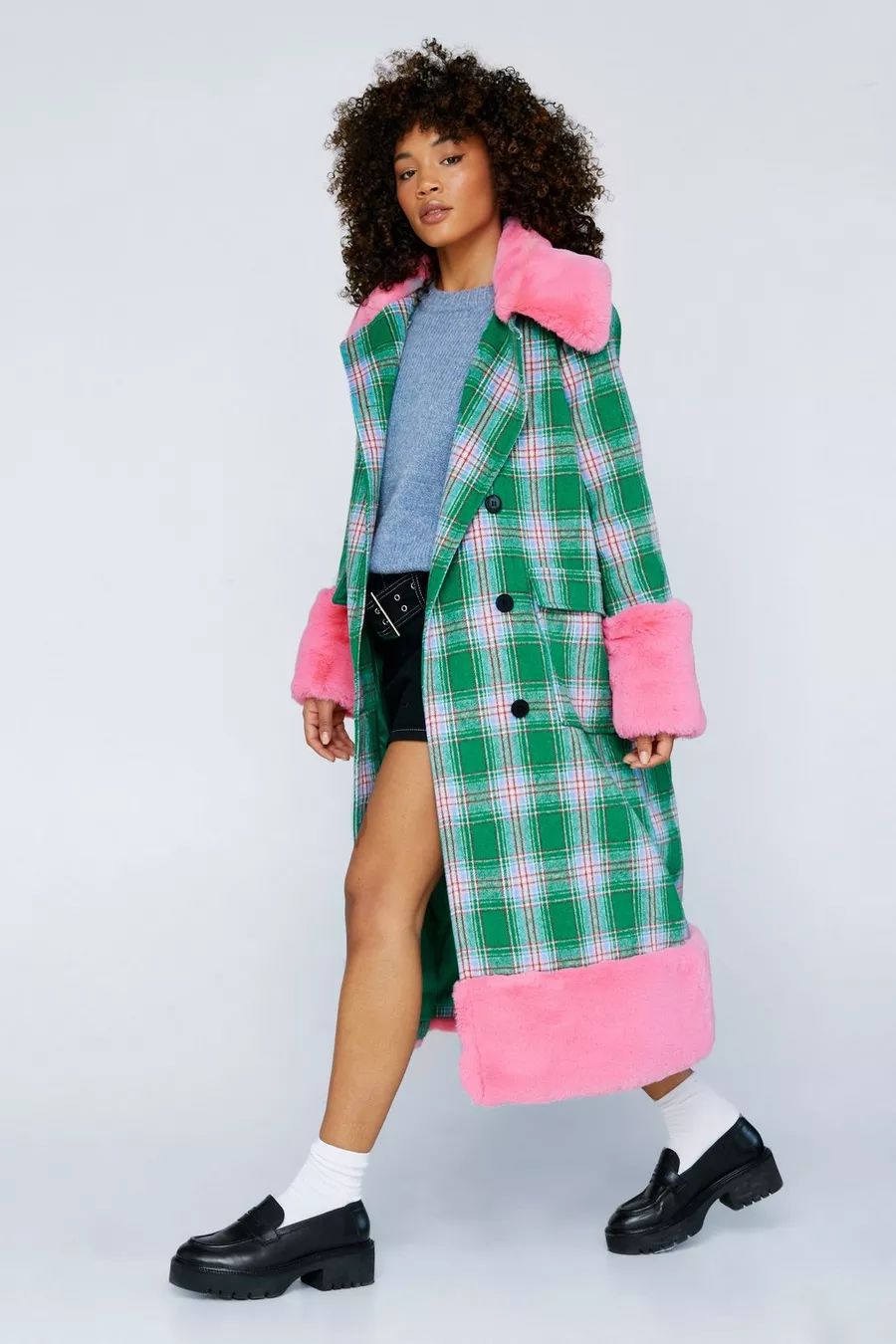 Premium Faux Fur Trimmed Check  Coat | Nasty Gal (US)