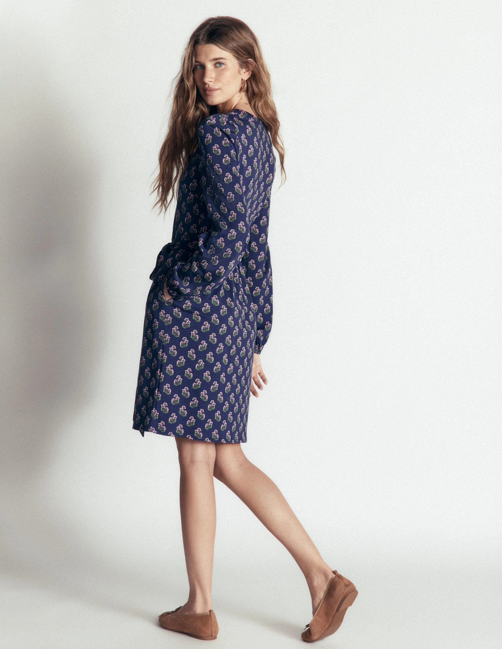 Adele Belted Jersey Dress-College Navy, Ditsy Carnation | Boden (US)