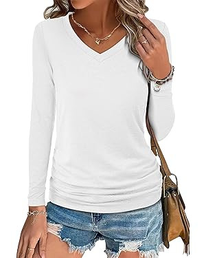 ANRABESS Long Sleeve Shirts for Women V Neck Tops Dressy Cute Side Ruched T-Shirts 2026 Spring Bu... | Amazon (US)