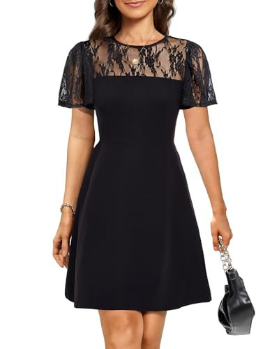 Black Cocktail Dress with Short Lace Sleeve Wedding Guest Semi Formal Party Funeral A line Short Dresses Women Teen | Amazon (US)