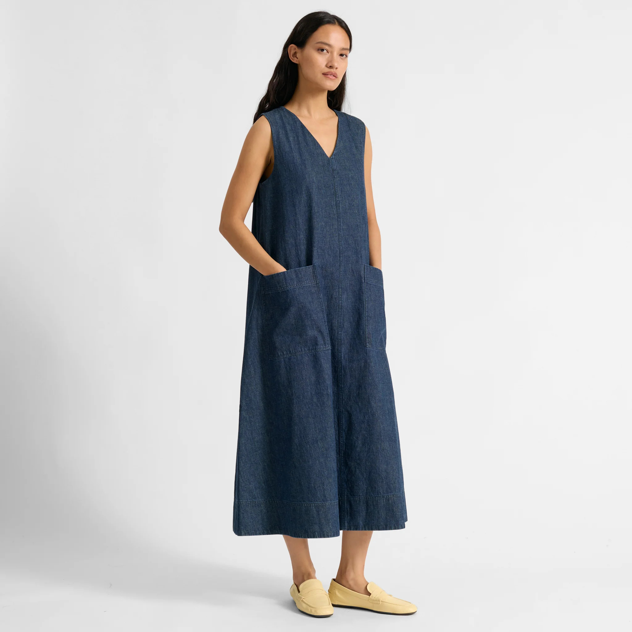 V Neck A Line Denim Dress | Albaray