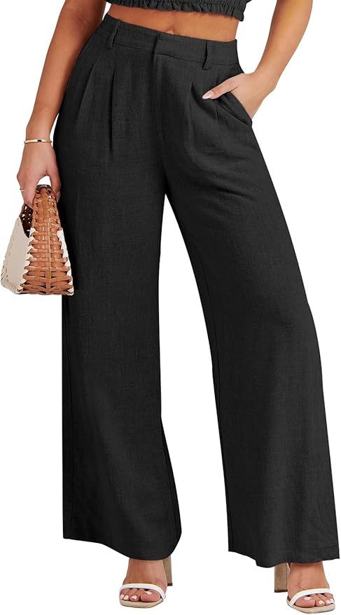 Caracilia Women's Wide Leg Linen Palazzo Pants High Waisted Business Casual Trousers Loose Pleate... | Amazon (US)
