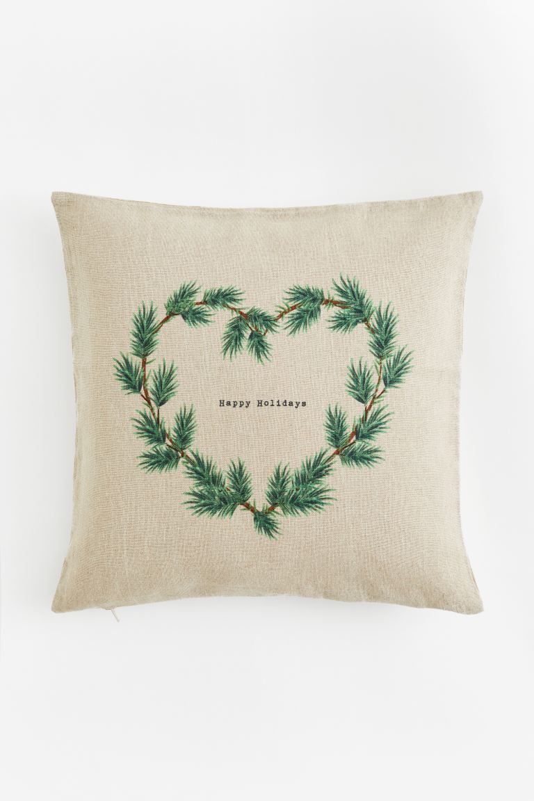Linen-blend Cushion Cover - Light beige/Happy Holidays - Home All | H&M US | H&M (US)