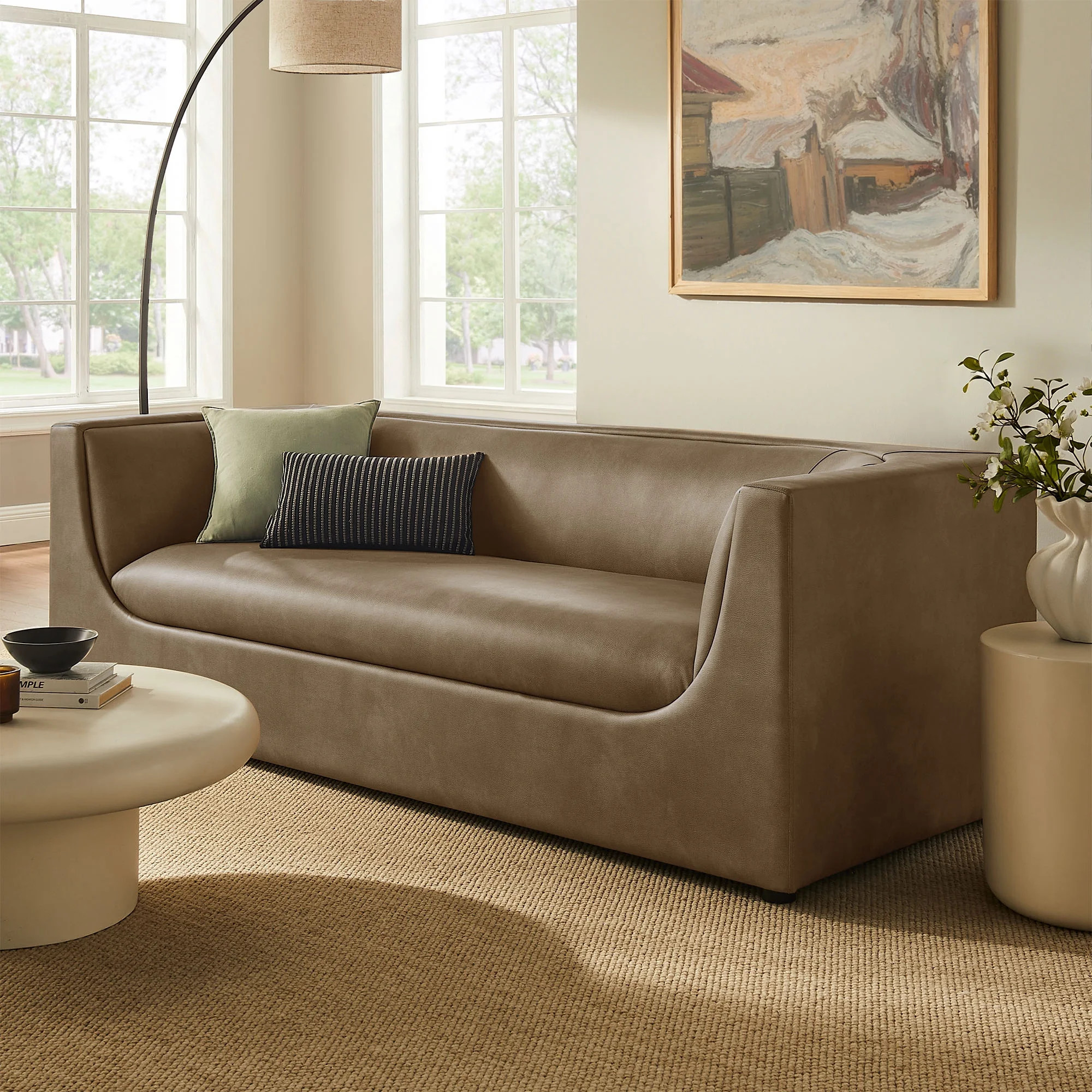 Hilda 86" Curved Back Vegan Leather Sofa in Mushroom - Walmart.com | Walmart (US)