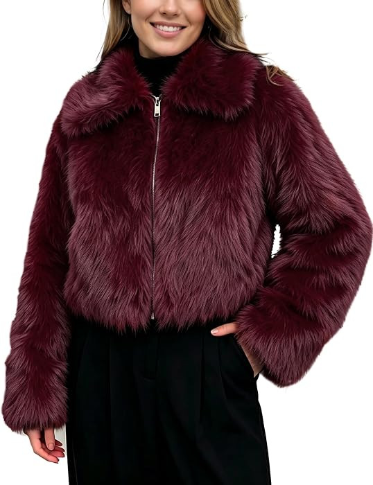 Faux Fur Jacket Women Cropped Zip Up Furry Coat | Amazon (US)