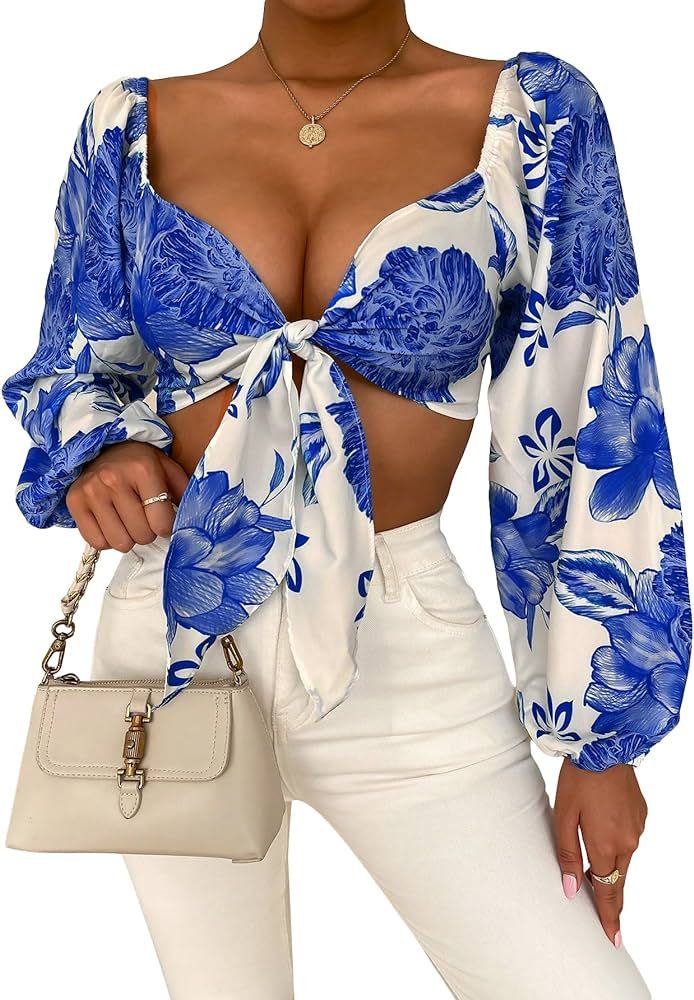 Milumia Women's Boho Floral Tie Front Blouse Lantern Sleeve Sweetheart Neck Crop Tops | Amazon (US)