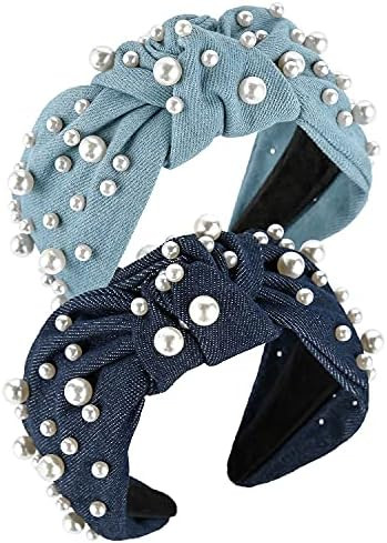 QIANXUAN Cloth Headbands Tie For Women Top Knot Headband With Pearls Denim Headband For Girls Hair W | Amazon (US)