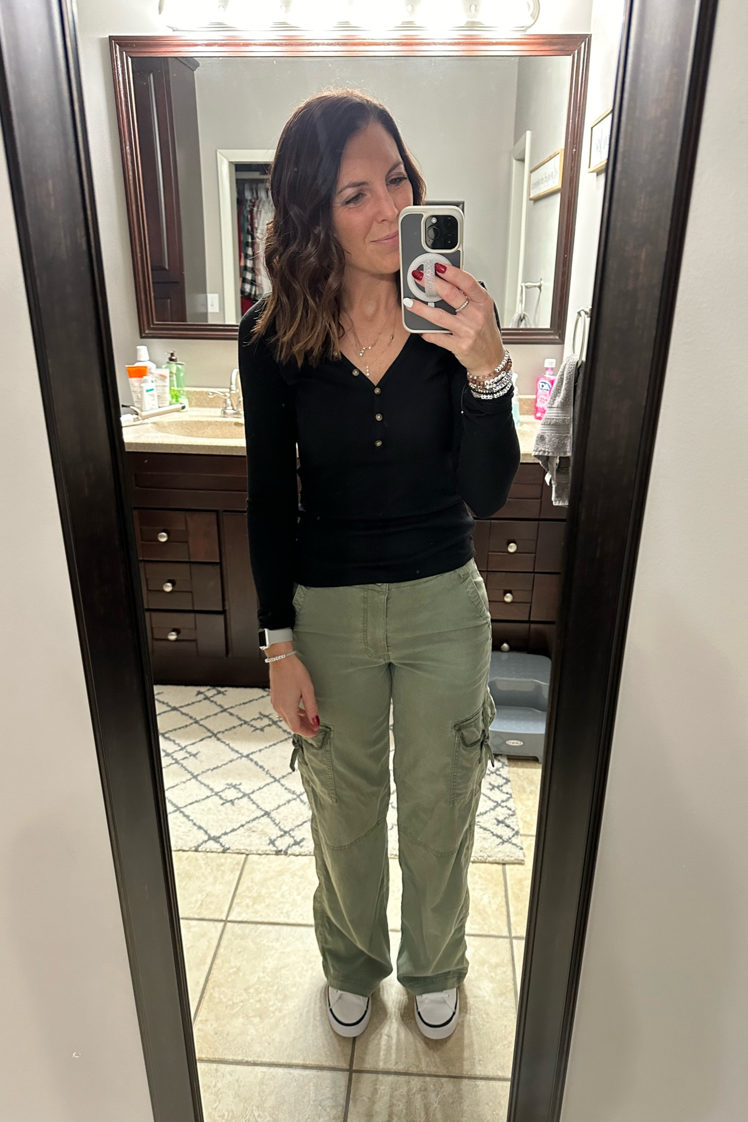  Softest Cargo Pants ever…if between, size down, I got long 
Sized up one in shirt
Shoes true size (I got 8.5, always between 8-8.5)
Bracelets - Code:mommatracy

#ae #nike

#LTKsalealert #LTKstyletip
