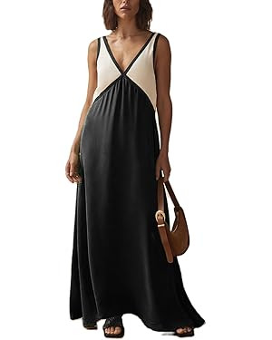 Women V Neck Maxi Dress Boho Flowy Long Dress Floral Loose Fit Summer Sundress Y2K Going Out Beac... | Amazon (US)