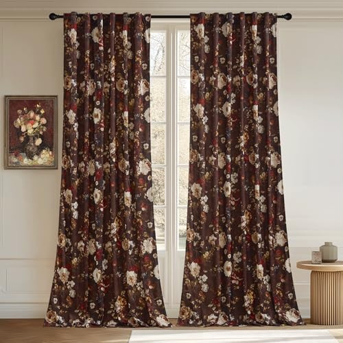 StangH Floral Brown Curtains 96 inches Long, Super Soft Velvet Drapes with Blossom Print Pattern Retro Light Filtering Fall Design Decor for Living Dining Room, W52 x L96, 2 Panels | Amazon (US)