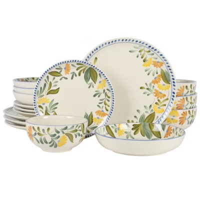 Bloomhouse Posy Blossom 16 Piece Double Bowl Hand Painted Stoneware Plates and Bowls Floral Dinnerware Set | Target