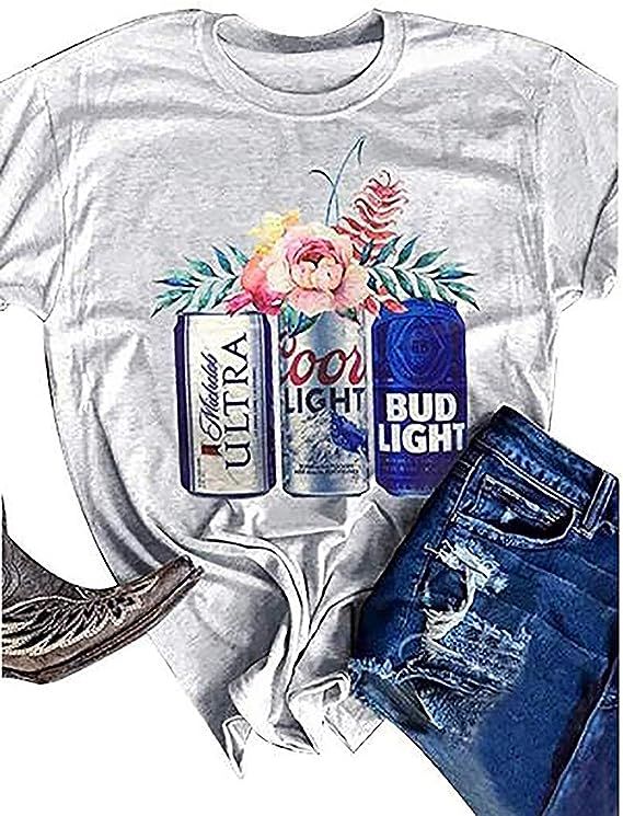 Womens Short Sleeve T Shirt Funny Cute Letter Graphic Shirts Retro Drinking Tees Cute Beer Floral... | Amazon (US)