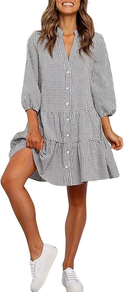 utcoco Women's 2025 Spring Summer Plaid Shirt Dress 3/4 Puff Sleeve Button Down Loose Casual Midi... | Amazon (US)