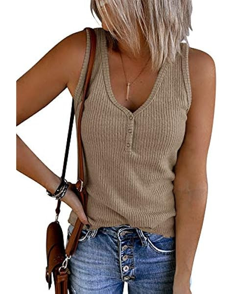 TECREW Womens Sleeveless V Neck Tank Tops Summer Casual Ribbed Button Henley Shirts | Amazon (US)