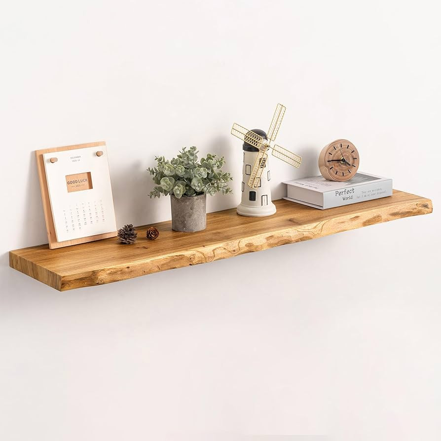 Live Edge Floating Shelf, 40 Inch Rustic Solid Elm Wood - Natural Wood Tone with Invisible Bracke... | Amazon (US)