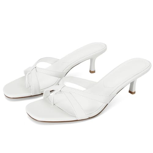 Dsevht White Kitten Heel Sandals for Women Strappy Heels Flip Flop Thong Mule Slides Round Open Toe Low Heeled Sandal Summer Party Beach Dress Shoes | Amazon (US)