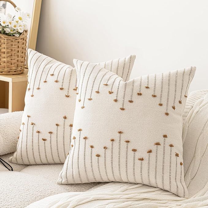 Boho Throw Pillow Covers 18x18 Set of 2 Neutral Decorative Textured Cushion Case Farmhouse Pillow... | Amazon (US)