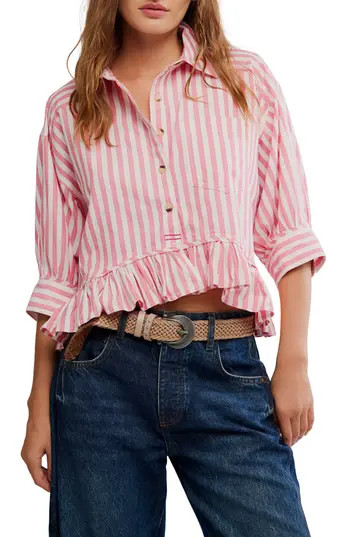 Free People Bailey Stripe Ruffle Hem Cotton Button-Up Shirt in Coral Combo at Nordstrom Rack, Size Large | Nordstrom Rack
