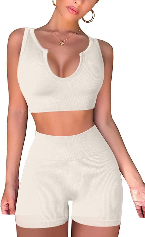 FAFOFA Seamless Workout Sets for Women Ribbed Sport Bra High Waist Running Shorts Gym 2 Piece Yog... | Amazon (US)