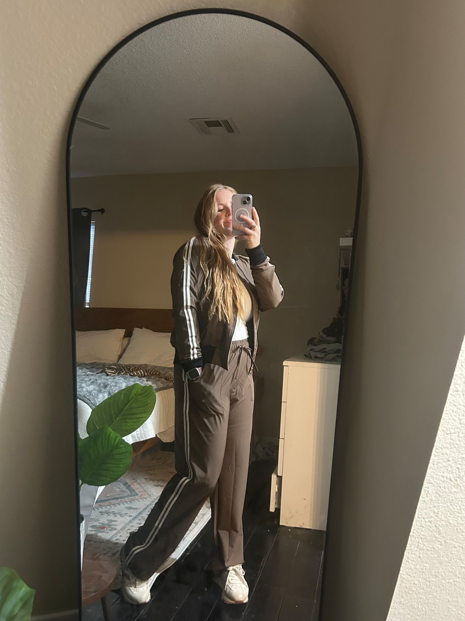Cutest track suit! Size down, I got a small and I could have gotten XS for the pants. I'm 5' 2" so I got a petite size. Goes great with a white basic underneath.