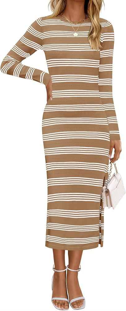 ZESICA Women's Fall Long Sleeve Striped Knit Midi Dresses Crewneck Side Slit Bodycon Sweater Dres... | Amazon (US)