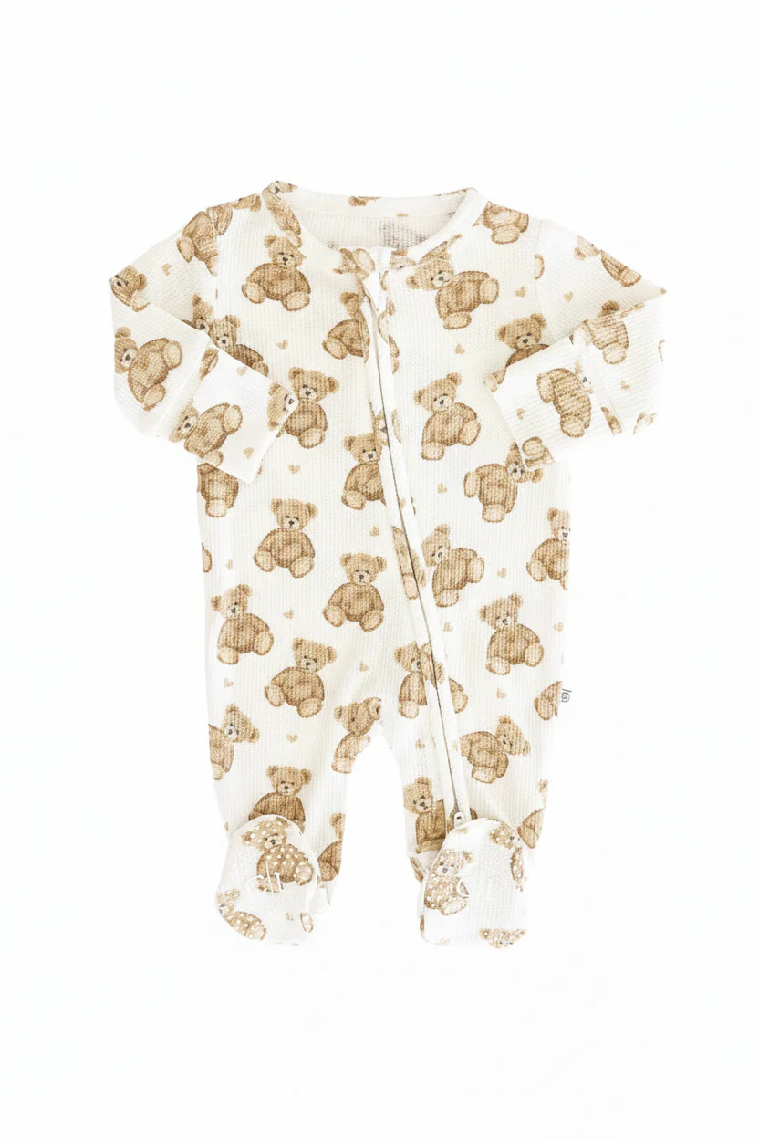 Beary Sweet Bamboo Waffle Zipper Footie | Caden Lane