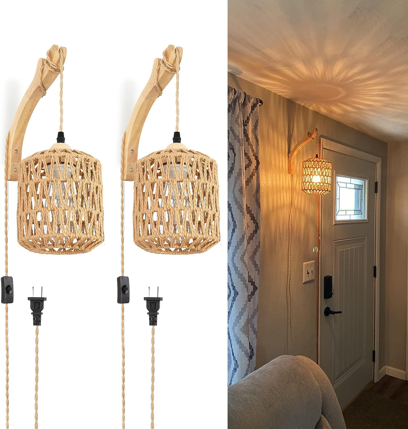Frideko Plug in Wall Sconces Set of Two Hand Woven Wall Lamp with Plug in Cord Rattan Wall Lights... | Amazon (US)